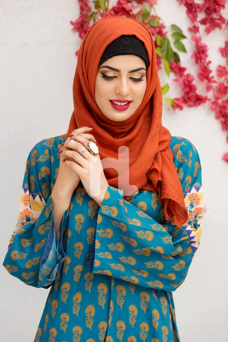 DS18-86 Blue Printed Stitched Jalabiya - 1PC - Nishat Linen UAE