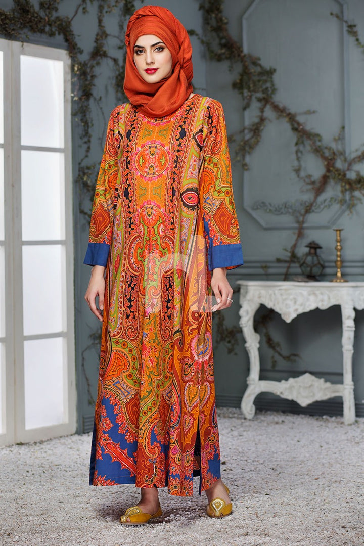 DS18-91 Orange Digital Printed Stitched Lawn Jalabiya - Nishat Linen UAE