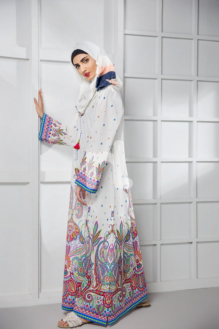 DS19-03 White Digital Printed Stitched Cambric Jalabiya - 1PC - Nishat Linen UAE