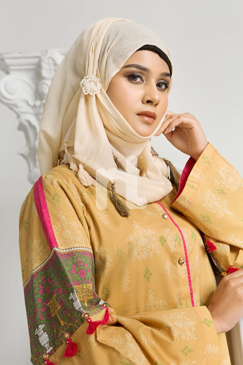 DS19-16 Yellow Digital Printed Stitched Cambric Jalabiya - 1PC - Nishat Linen UAE
