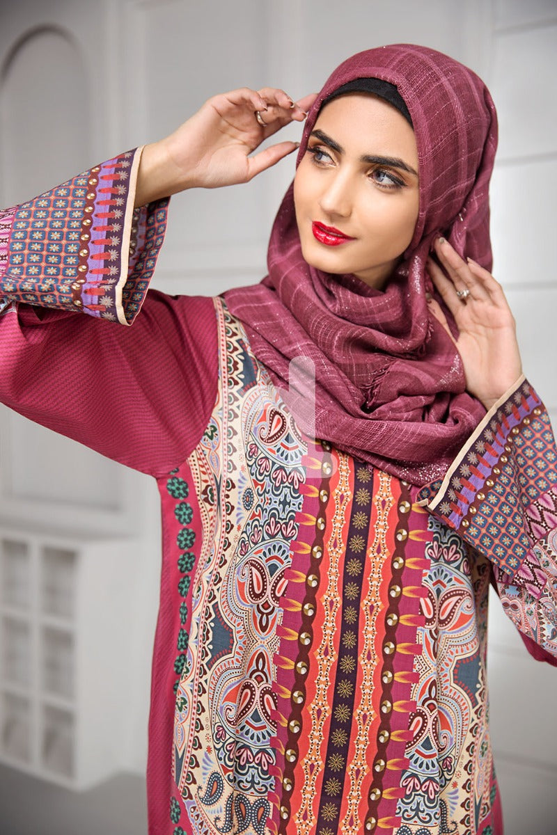 DS19-170 Maroon Printed Stitched Lawn Jalabiya - 1PC - Nishat Linen UAE