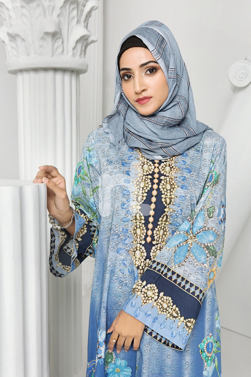 DS19-171 Blue Digital Printed Stitched Lawn Jalabiya - 1PC - Nishat Linen UAE