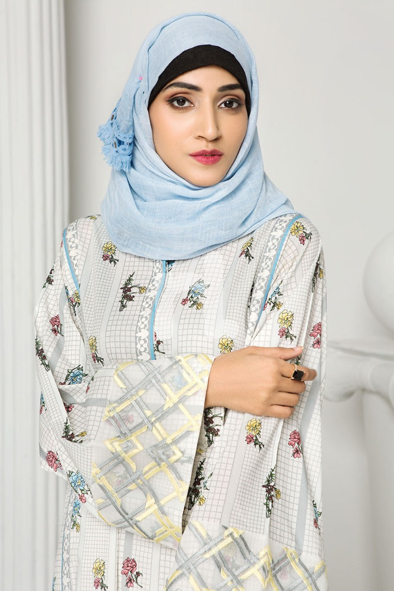 DS19-22 White Digital Printed Stitched Lawn Jalabiya - 1PC - Nishat Linen UAE