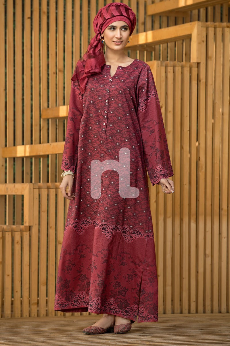DS19-31 Maroon Printed Stitched Lawn Jalabiya - 1PC - Nishat Linen UAE
