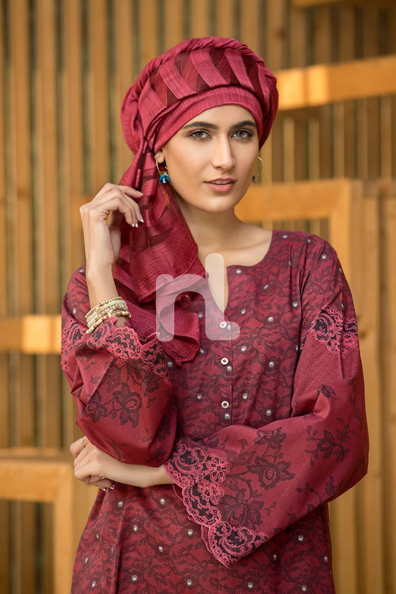 DS19-31 Maroon Printed Stitched Lawn Jalabiya - 1PC - Nishat Linen UAE
