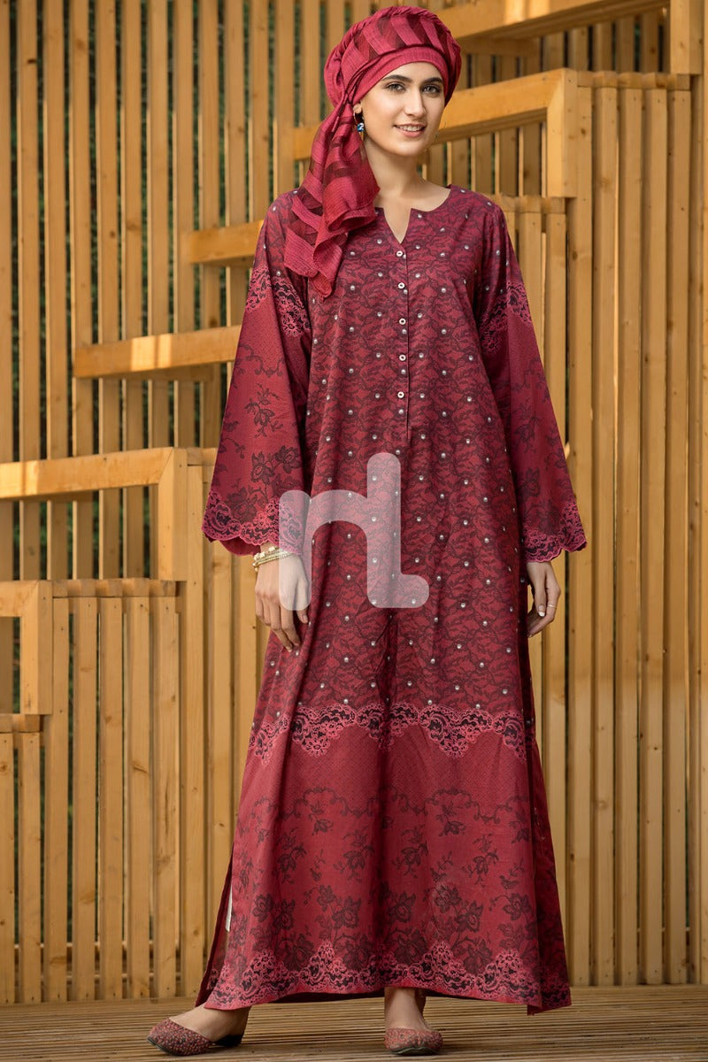 DS19-31 Maroon Printed Stitched Lawn Jalabiya - 1PC - Nishat Linen UAE