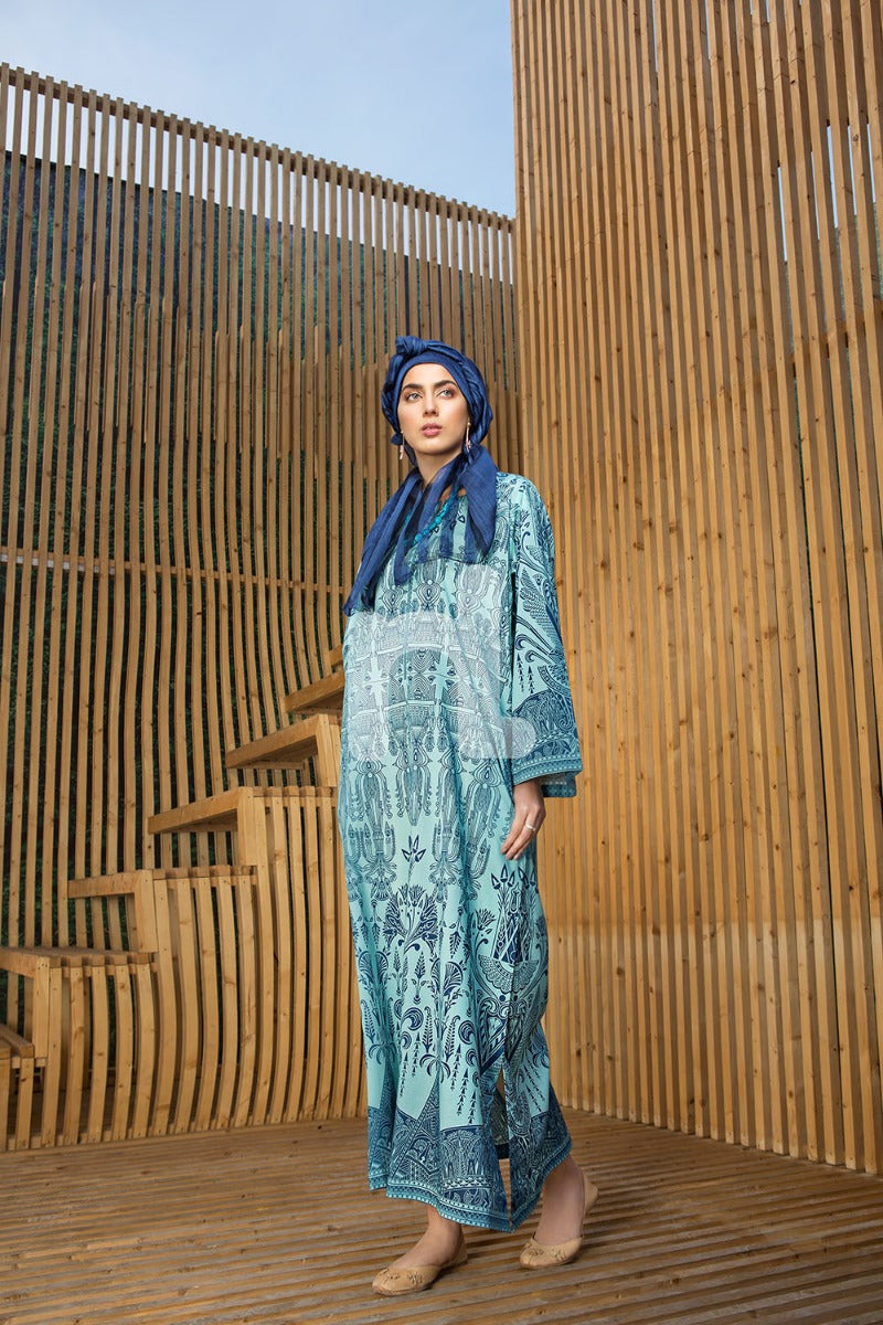 DS19-34 Blue Digital Printed Stitched Lawn Jalabiya - 1PC - Nishat Linen UAE