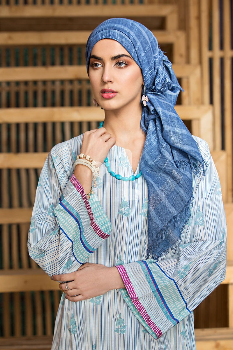 DS19-48 Blue Digital Printed Stitched Lawn Jalabiya - 1PC - Nishat Linen UAE