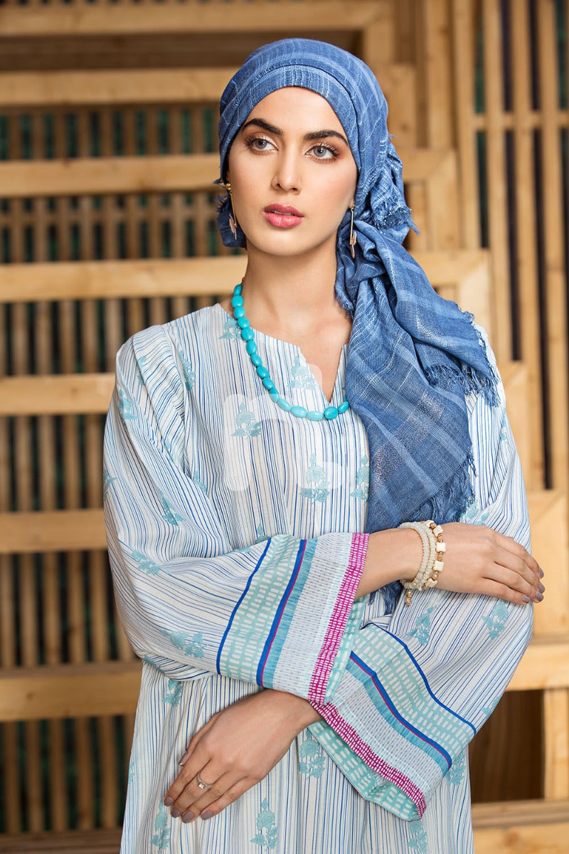 DS19-48 Blue Digital Printed Stitched Lawn Jalabiya - 1PC - Nishat Linen UAE