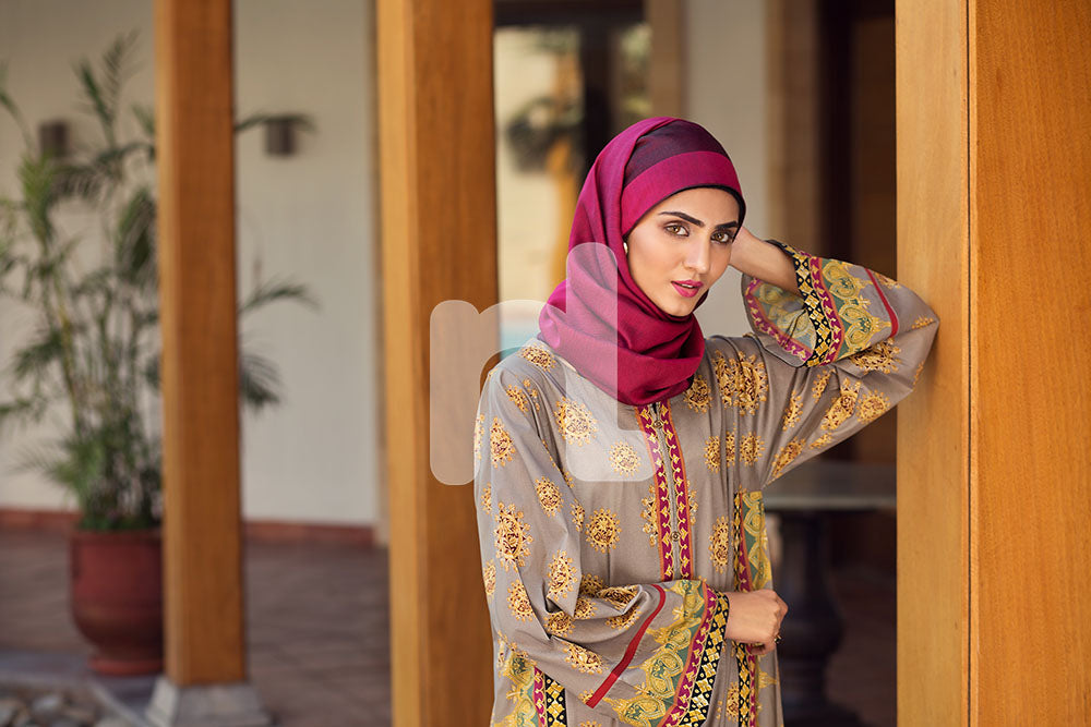 DS19-67 Light Brown Digital Printed Stitched Jalabiya - 1PC - Nishat Linen UAE