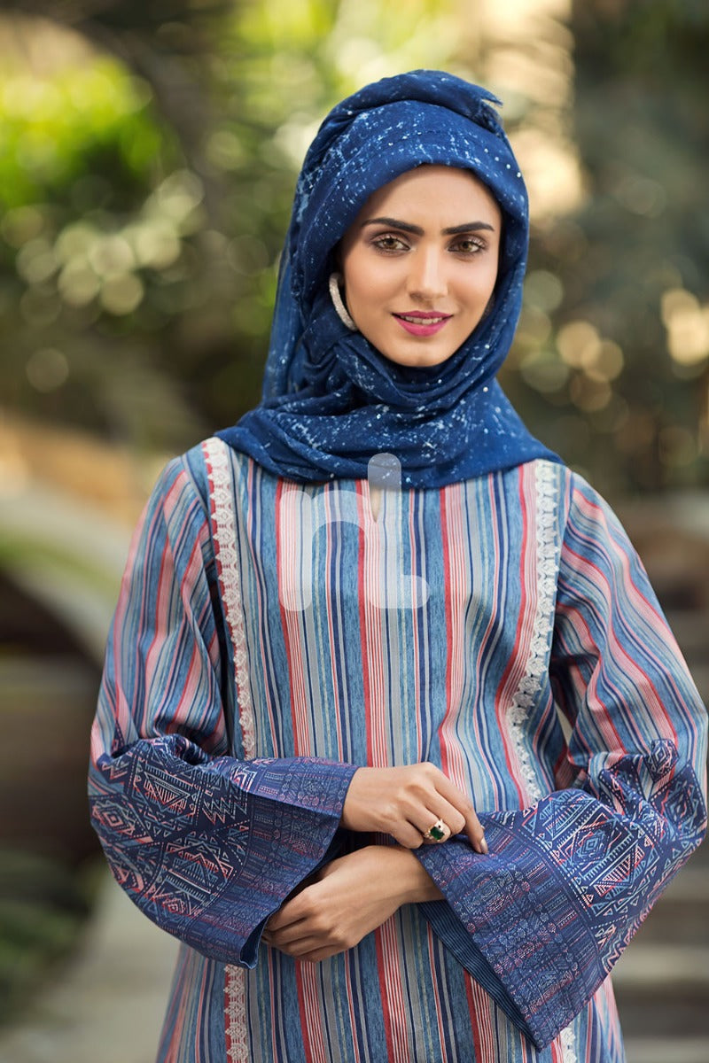 DS19-73 Blue Digital Printed Stitched Jalabiya - 1PC - Nishat Linen UAE