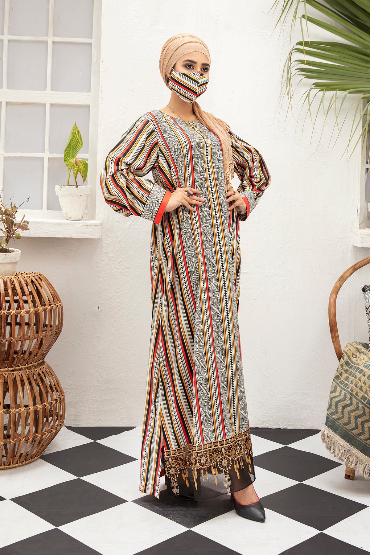 DS21-106-Embroidered Digital Lawn Stitched Fustaan with Mask  1PC