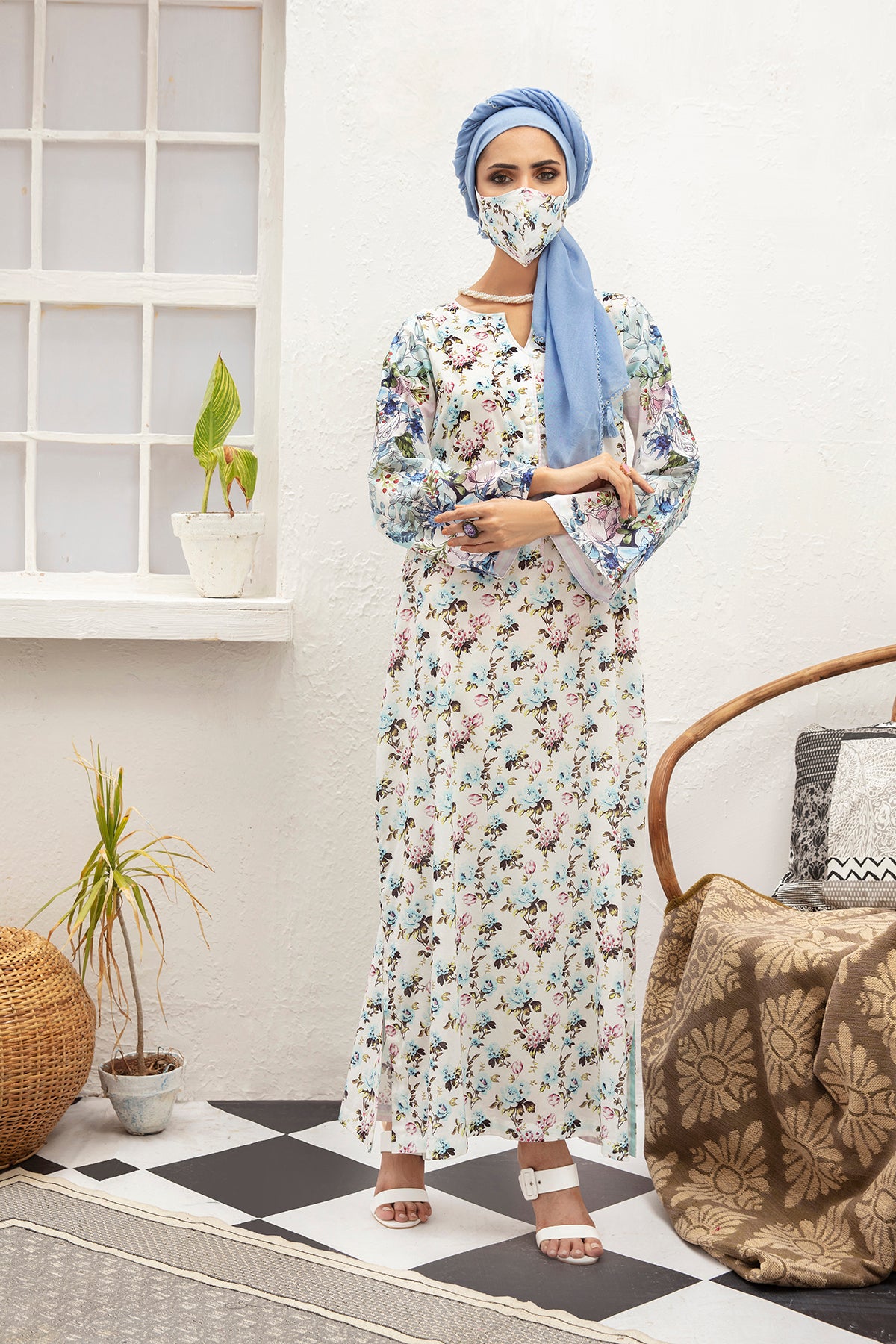 DS21-117  Digital Cambric Stitched Fustaan with Mask - 1PC