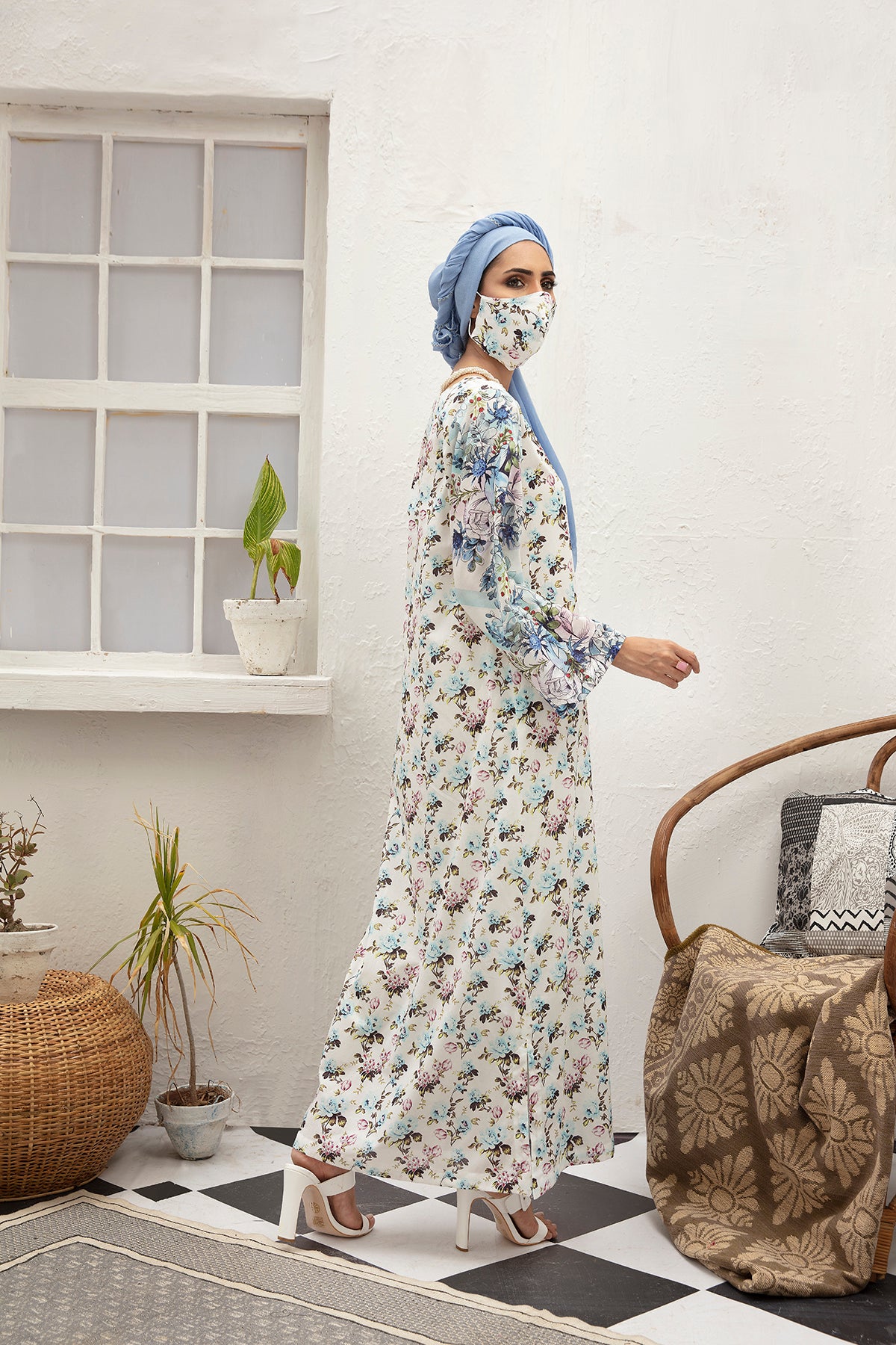 DS21-117  Digital Cambric Stitched Fustaan with Mask - 1PC