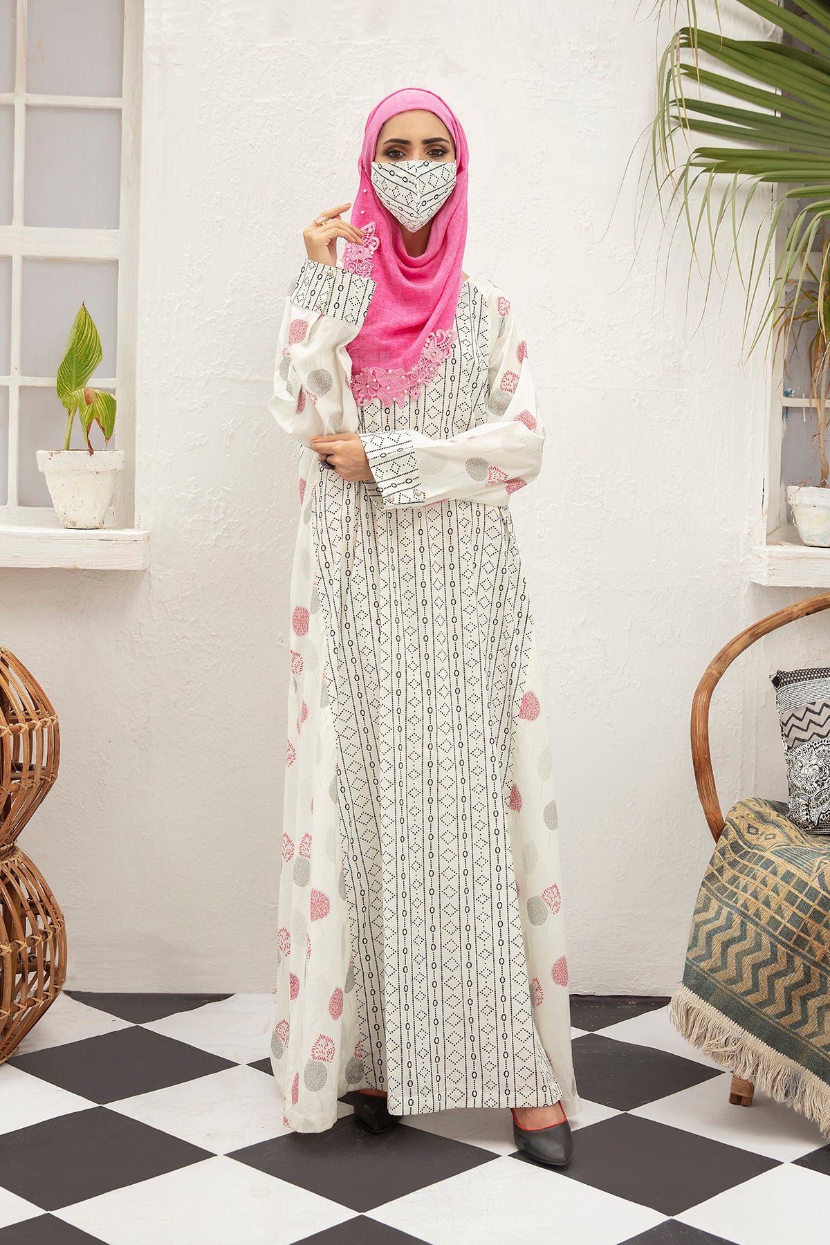 DS21-118 -Digital Cambric Stitched Fustaan With Mask - 1PC