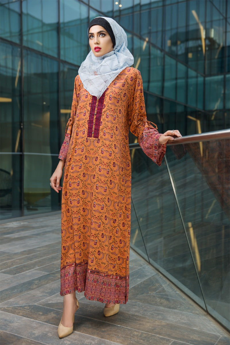 DSW18-18 Orange Digital Printed Stitched Lawn Jalabiya - 1PC - Nishat Linen UAE
