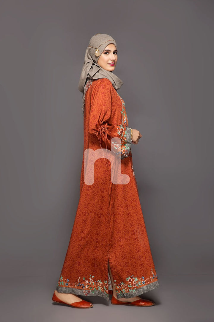 DW18-39 Orange Printed Stitched Cotton Modal Jalabiya - 1PC - Nishat Linen UAE