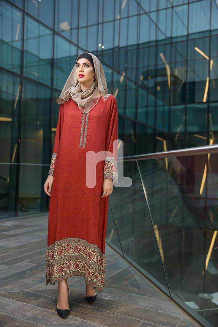 DSW19-06 Red Digital Printed Stitched  Jalabiya – 1PC - Nishat Linen UAE