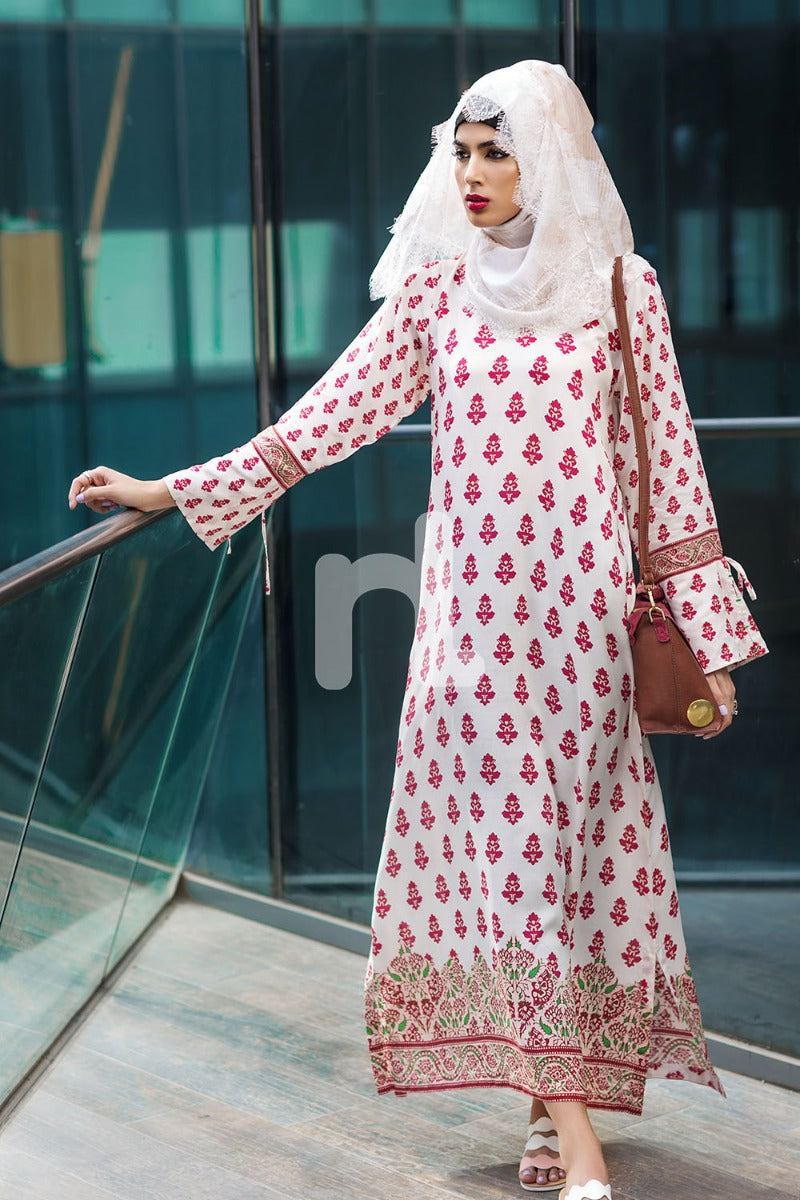 DSW19-68 Off White Digital Printed Stitched Lawn Jalabiya - 1PC - Nishat Linen UAE