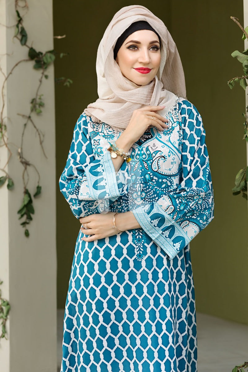 DSW19-77 Blue Digital Printed Stitched Lawn Jalabiya - 1PC - Nishat Linen UAE