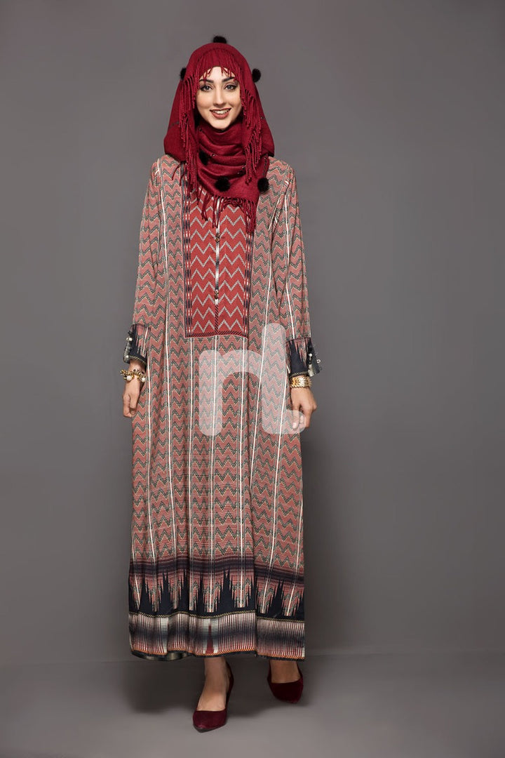 DW18-51 Brown Printed Stitched Cotton Modal Jalabiya - 1PC - Nishat Linen UAE