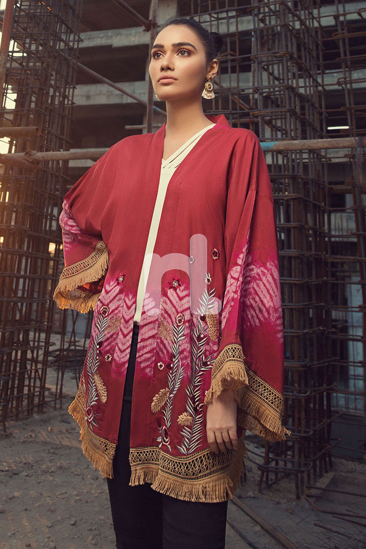 FS19-18 Red Printed Embroidered Stitched Micro Modal Fusion Jacket - 1PC - Nishat Linen UAE