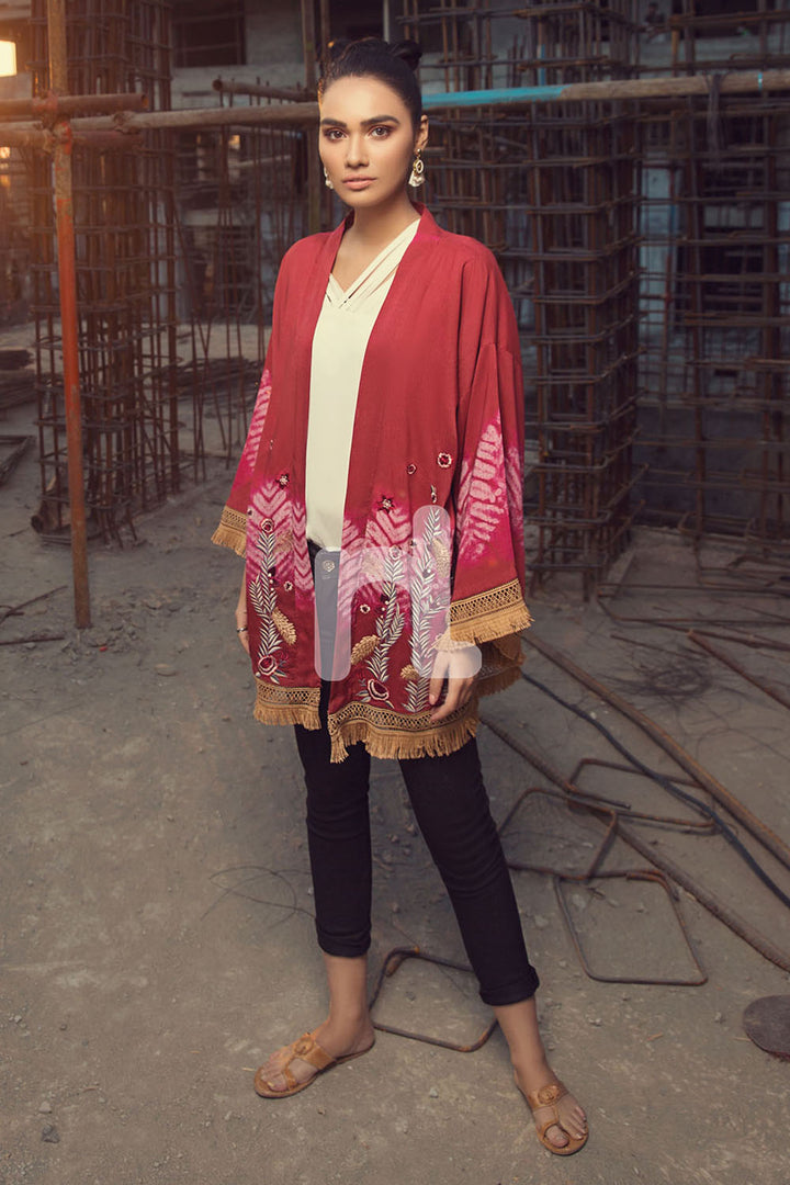 FS19-18 Red Printed Embroidered Stitched Micro Modal Fusion Jacket - 1PC - Nishat Linen UAE