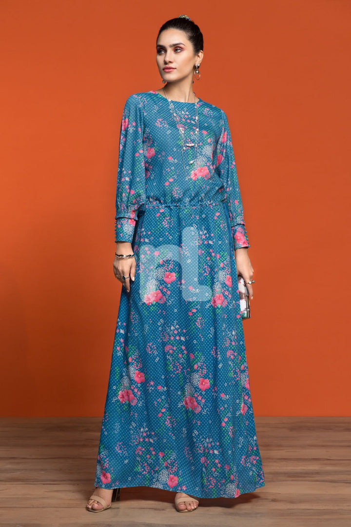 FW19-21 Blue Printed Stitched Micro Modal Long Fusion Dress - 1PC - Nishat Linen UAE