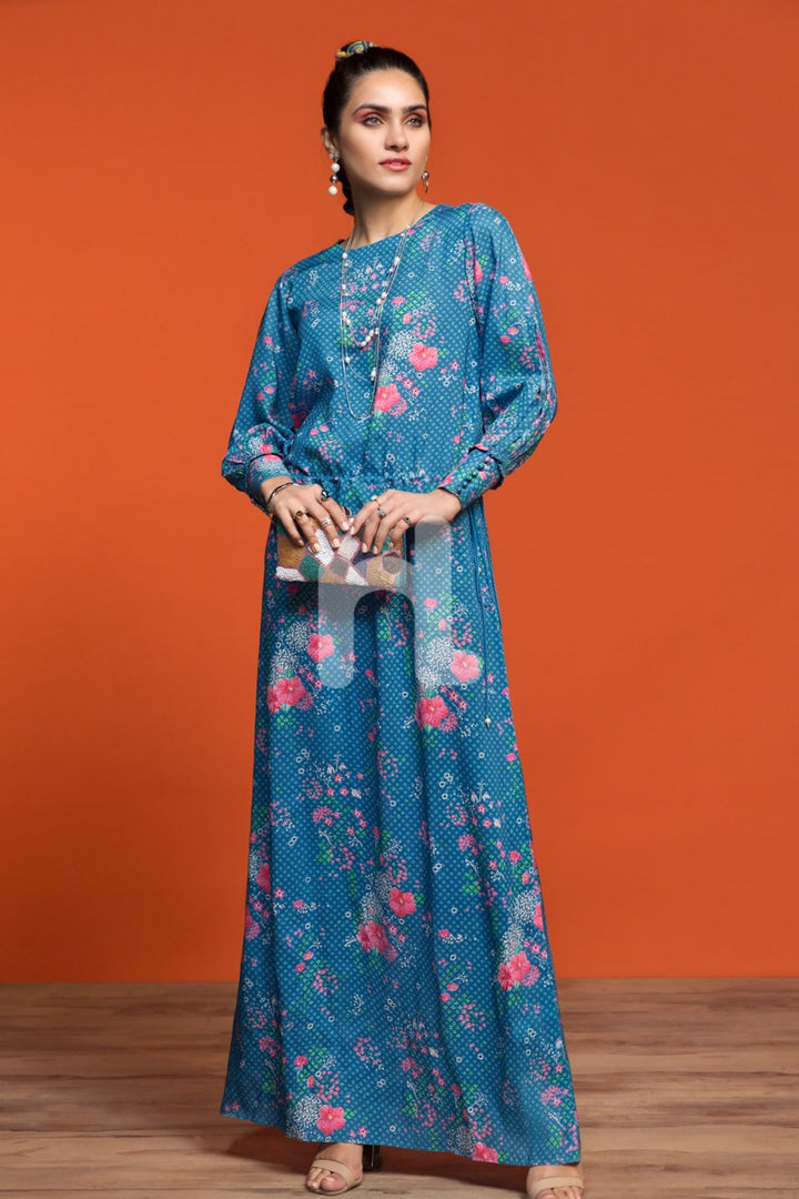 FW19-21 Blue Printed Stitched Micro Modal Long Fusion Dress - 1PC - Nishat Linen UAE