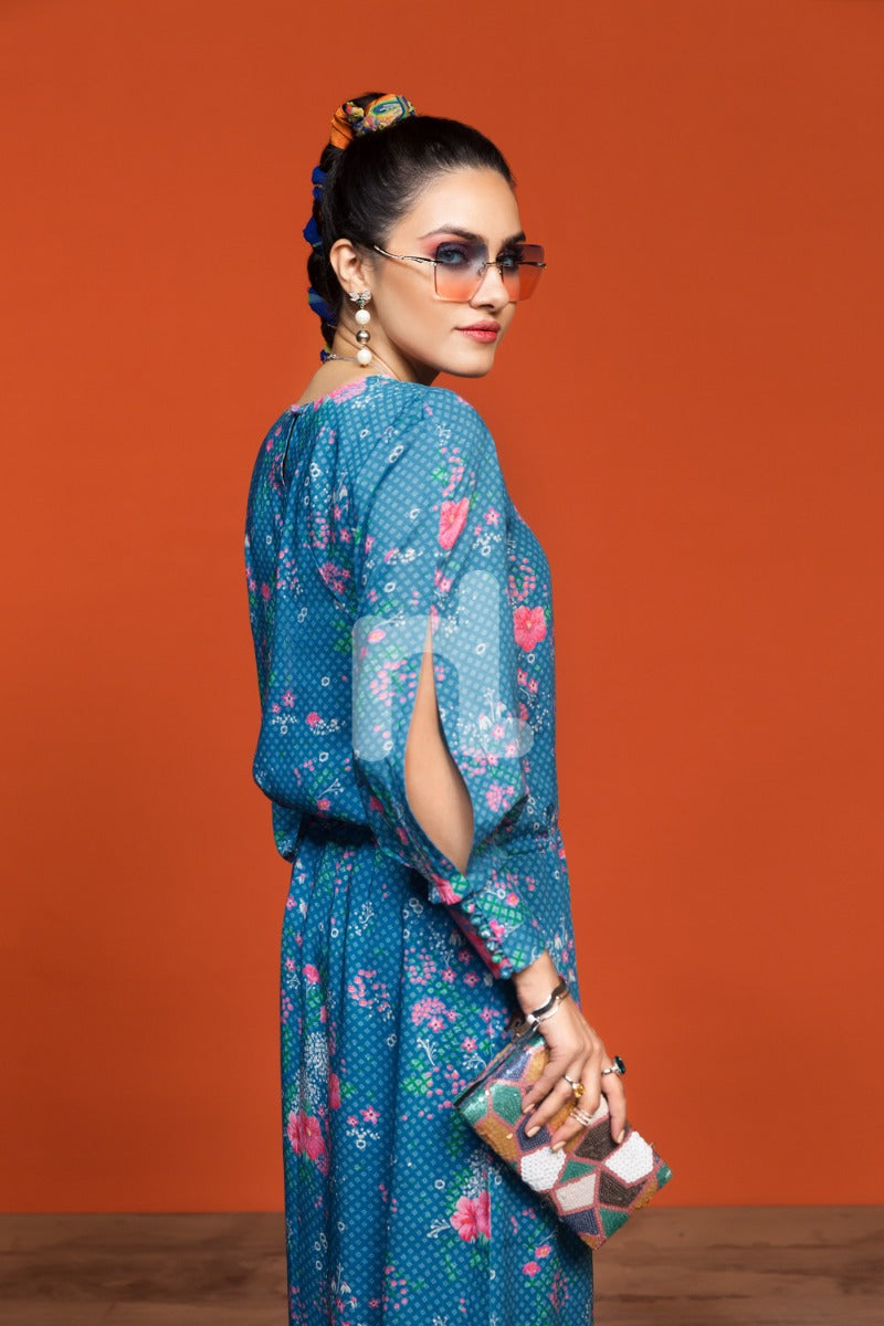 FW19-21 Blue Printed Stitched Micro Modal Long Fusion Dress - 1PC - Nishat Linen UAE