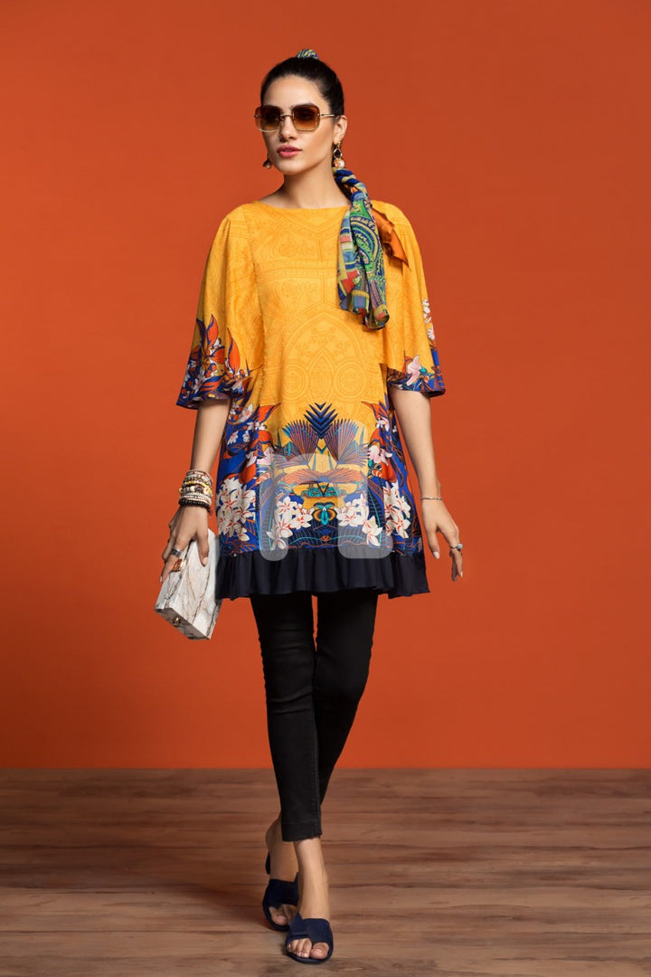 FW19-27 Yellow Printed Stitched Micro Modal Fusion Top - 1PC - Nishat Linen UAE