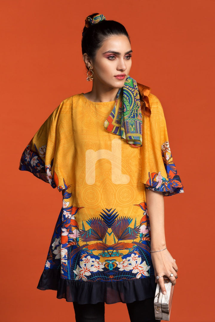 FW19-27 Yellow Printed Stitched Micro Modal Fusion Top - 1PC - Nishat Linen UAE