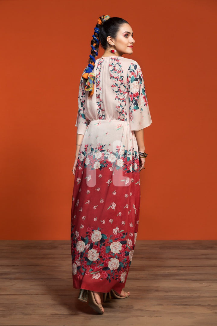 FW19-30 Pink Printed Stitched Micro Modal Long Fusion Dress - 1PC - Nishat Linen UAE